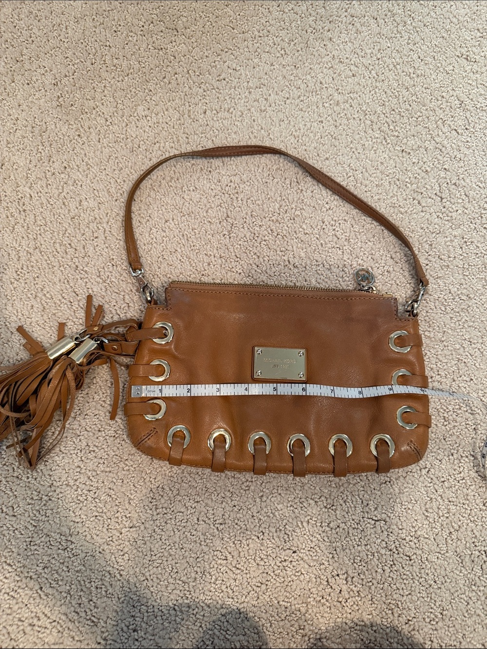 Michael Kors Brown Leather Shoulder Bag with Tassel and Grommet Detail